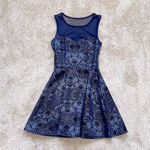Trixxi Navy Blue Velvet Shimmer Yoke Mesh Mini Fit & Flare Dress XS Sparkly NWT
